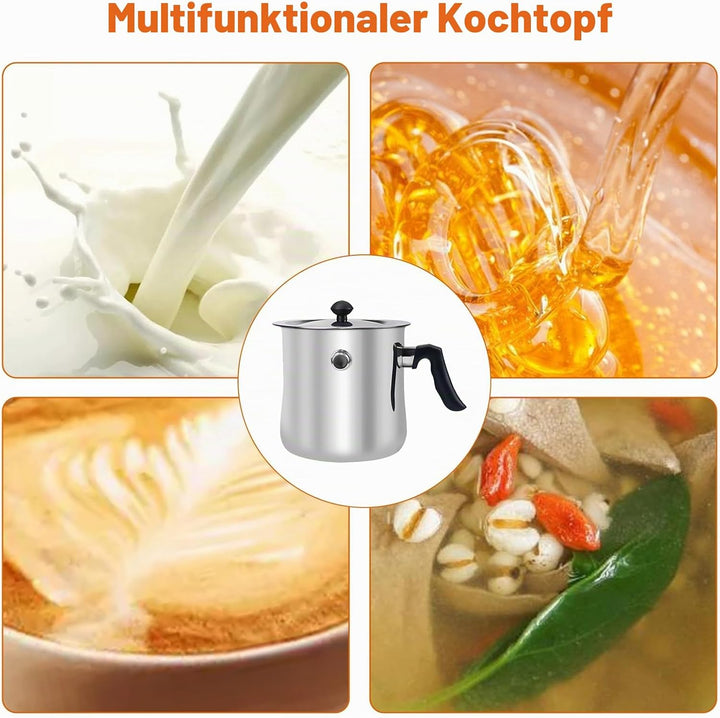 Doppelwandiger Milchtopf Induktion 1,5L, Edelstahl Wasserbad Topf mit Deckel und Pfeifton, Simmertop