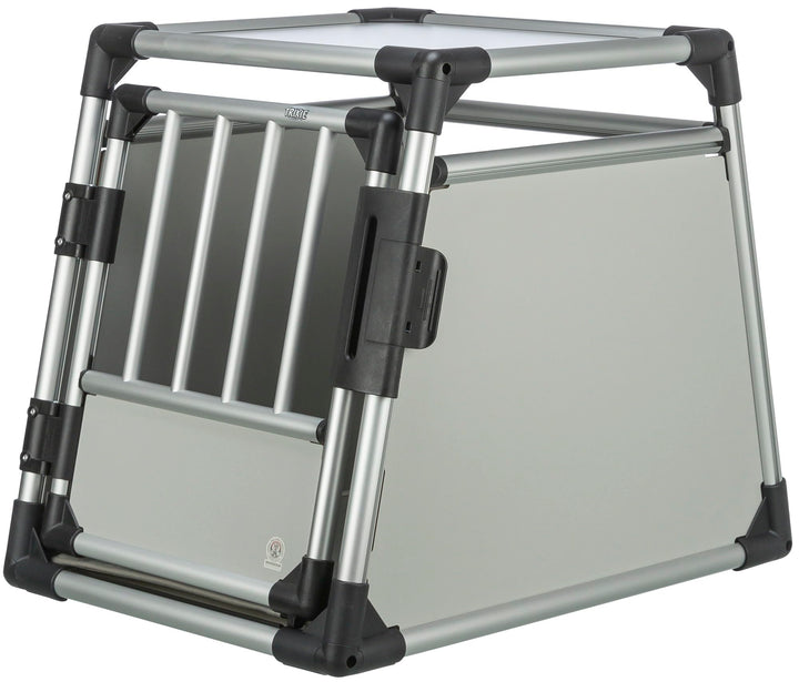 TRIXIE Hunde-Transportbox, Aluminium, M: 55 × 62 × 78 cm, hellgrau/silber, mit Klettleiste am Boden,