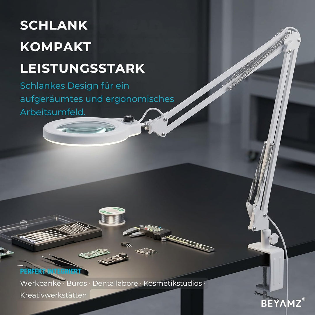 LED Lupenleuchte Weiss mit Klemme, 12,5 cm Glaslinse 5 Dioptrien | Grosse Lupe, Extra langer Schwing