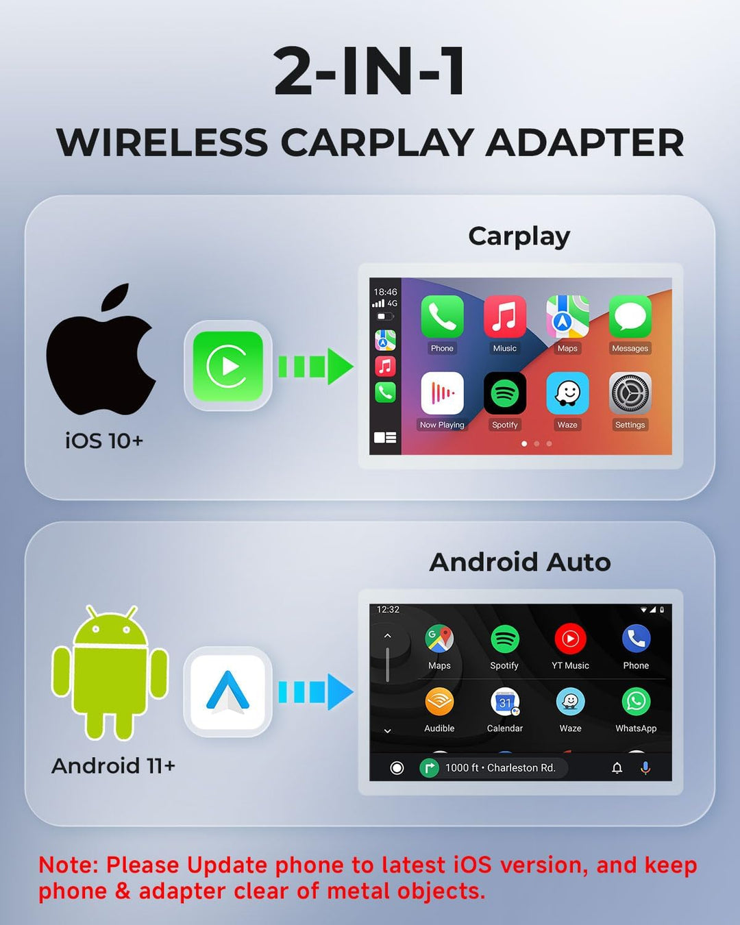AuroraLink Wireless Carplay & Android Auto Wireless Adapter 2 in 1 Fast & Stabiler Carplay Wireless