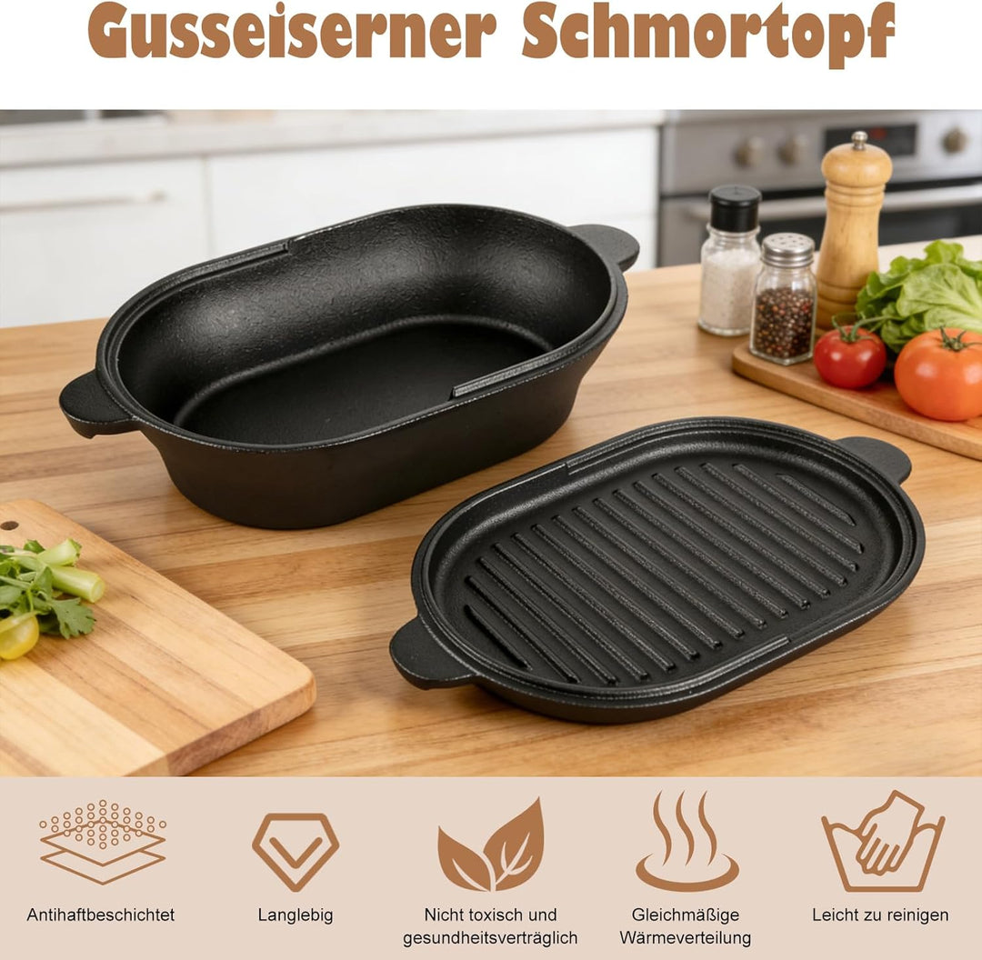 2 in 1 Gusseisen Topf Dutch Oven 2L Mit Doppelter Zweck Grillpfannendeckel, Ovale 28 cm Grosse Gusse