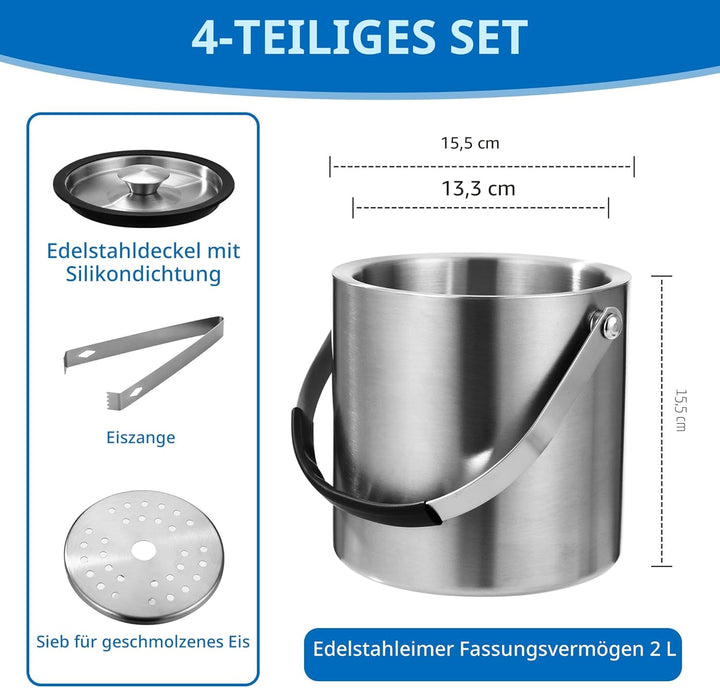 2L Eiswürfelbehälter, Eiskübel mit deckel,Eiswürfelbehälter Edelstahl mit Clips und Sieb, perfekt zu