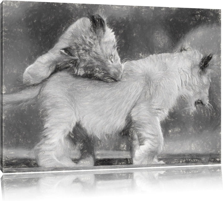 Löwenjunge beim Spielen Deluxe Format: 100x70 cm auf Leinwand, XXL riesige Bilder fertig gerahmt mit