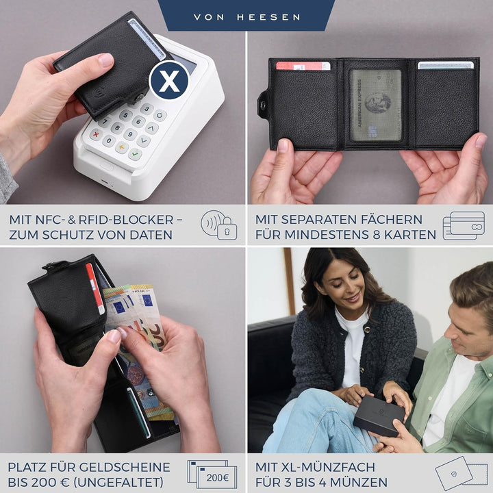 VON HEESEN Slim Wallet mit XL Münzfach Schwarz Schwarz XL MÜNZFACH (Kartenslot), Schwarz XL MÜNZFACH