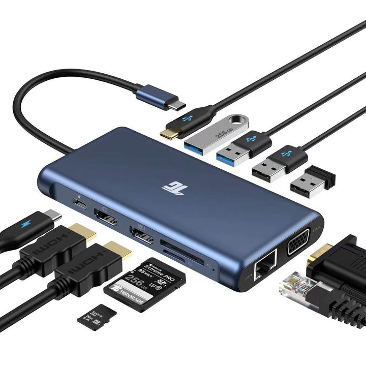 USB C Hub, USB C Adapter, Tiergrade 12 in 1 Triple Display Adapter mit Dual 4K HDMI, VGA, 100W Pd 3.