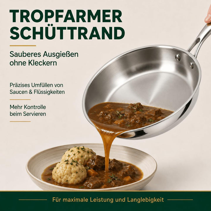 Edelstahlpfanne 28 cm mit Deckel, 5-Schicht Bratpfanne Unbeschichtet, Gleichmässige Wärmeverteilung,