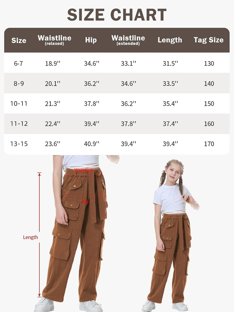 Rolanko Mädchen Baggy Cargo Hose, Elastisch Hohe Taille Gerade Weites Bein Streetwear Hose mit Mehre