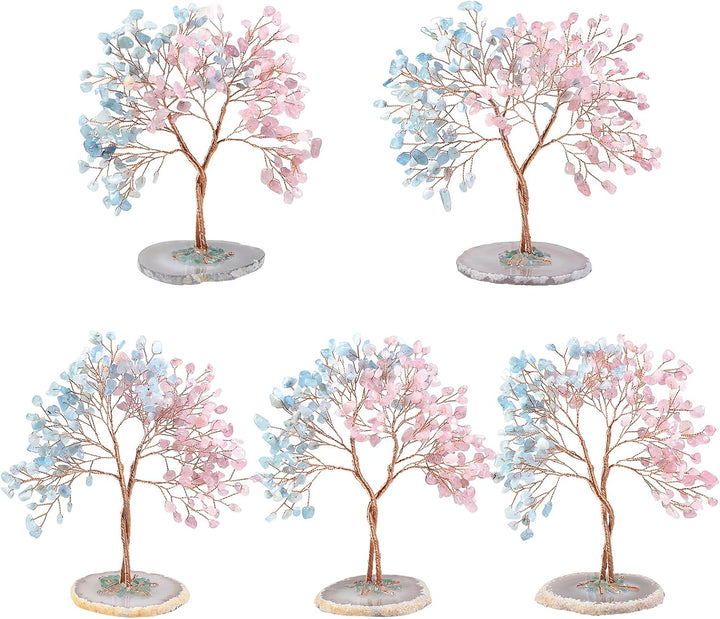 Nupuyai Rosenquarz & Aquamarin Kristallbaum mit Achat Stein Basis Feng Shui Edelstein Baum, Glücksba