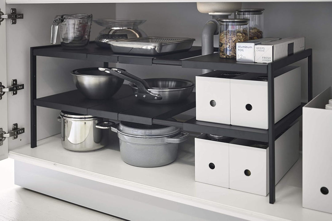 Yamazaki 4949 TOWER Ausziehbarer Organizer mit 2 Ebenen, schwarz, Stahl, Minimalistisches Design