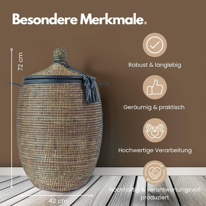 Afrikanischer Wäschekorb mit Deckel | Geflochtener Korb DAKAR | Handgefertigt aus Savannengras und K