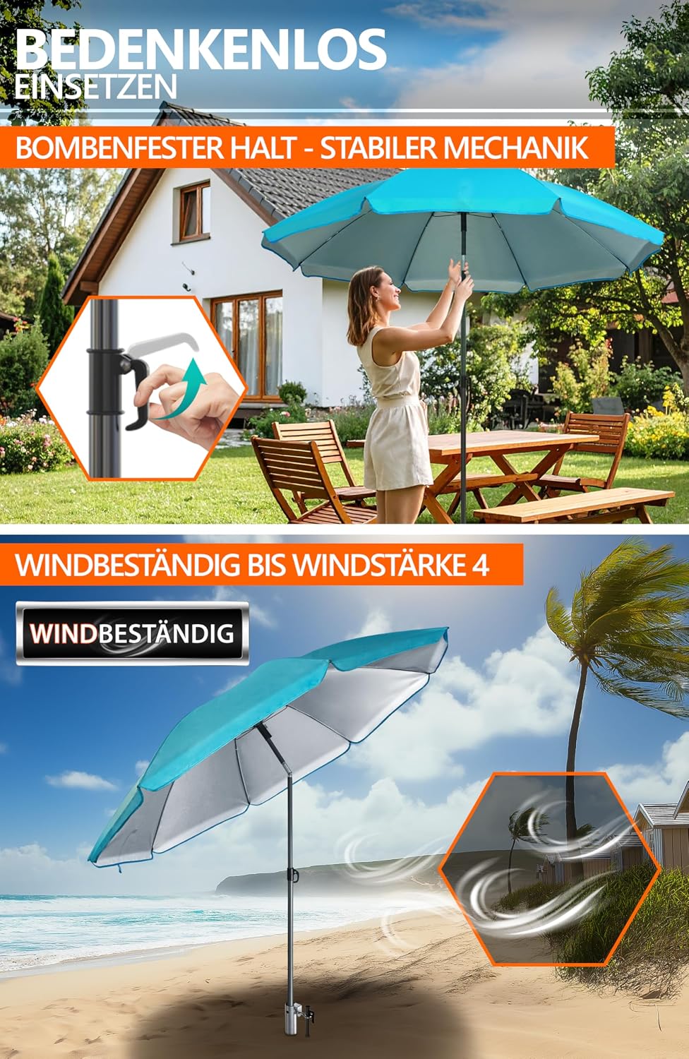 4smile Sonnenschirm Strand Ø 200 cm mit Eindrehbodenhülse, Türkis | Strandschirm windfest stabil mit