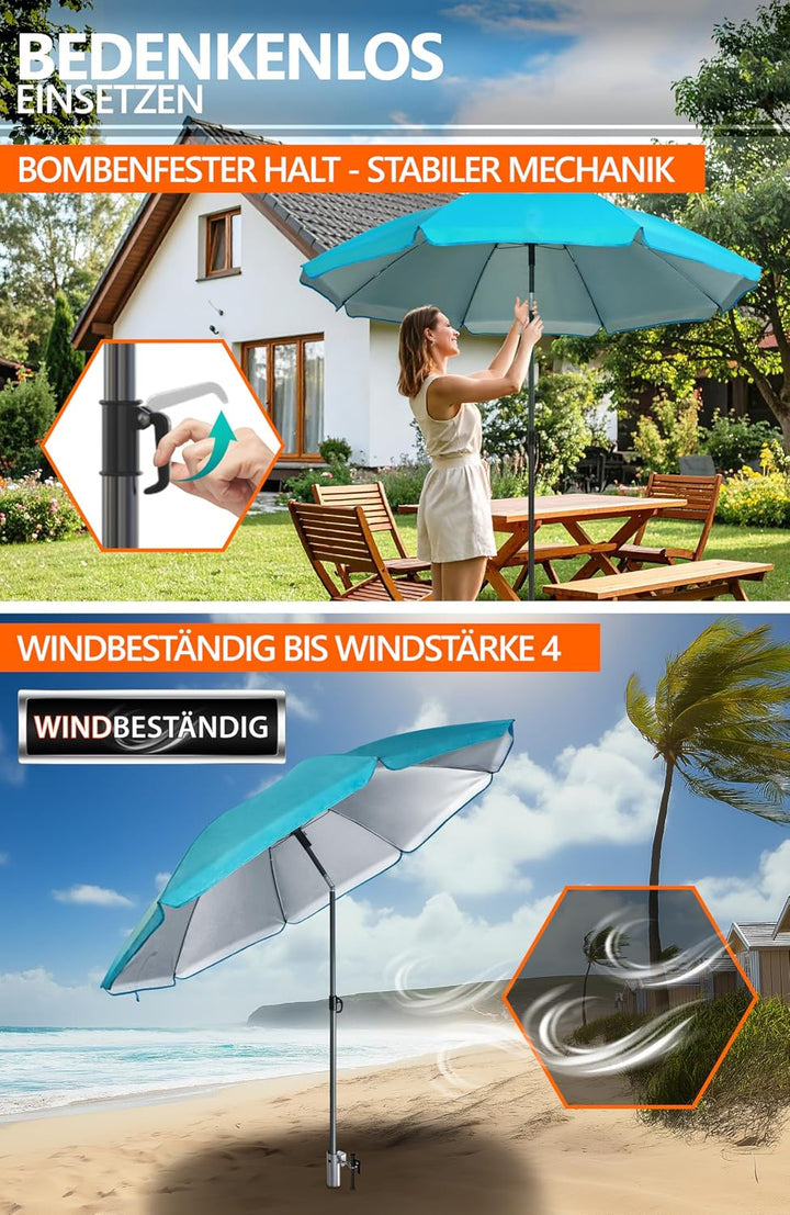 4smile Sonnenschirm Strand Ø 200 cm mit Eindrehbodenhülse, Türkis | Strandschirm windfest stabil mit