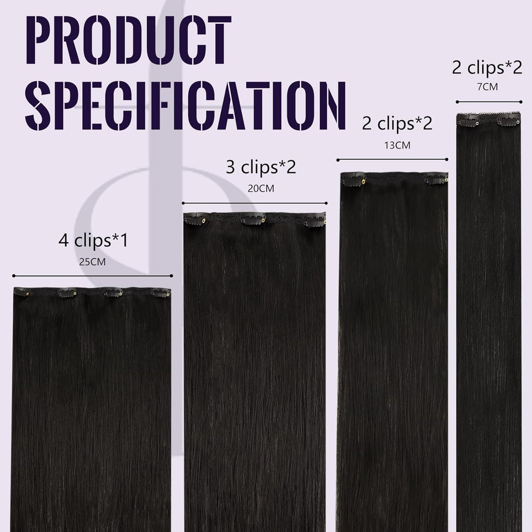 Fshine Clip in Extensions Echthaar 35cm 14 Zoll 120g 7Stück Natürliches Schwarz Echthaar Extensions