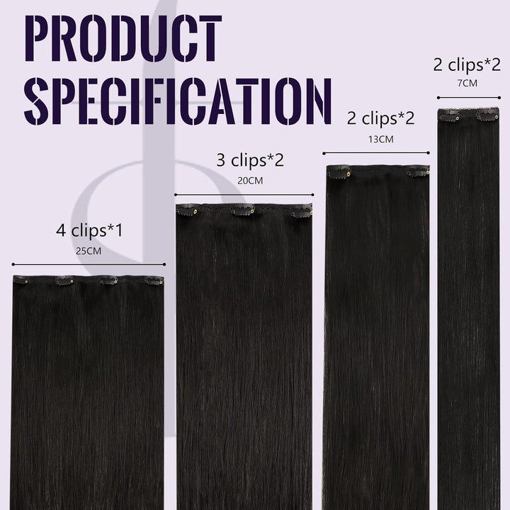 Fshine Clip in Extensions Echthaar 35cm 14 Zoll 120g 7Stück Natürliches Schwarz Echthaar Extensions