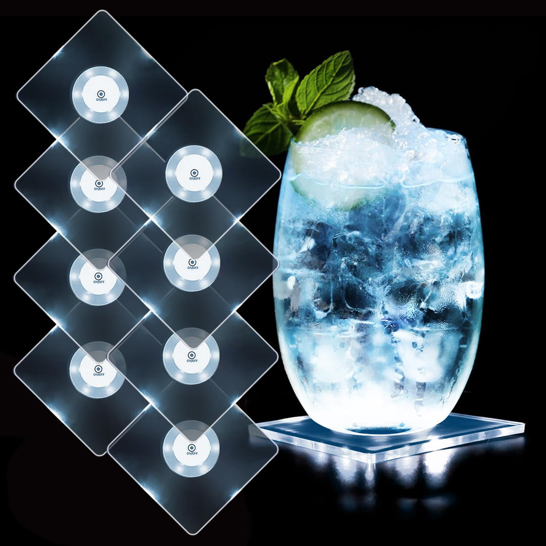 MEDOYOH 8er-Set Quadratisch Kühle Weiss LED Untersetzer für Getränke, ON/Off Taste Getränke Unterset