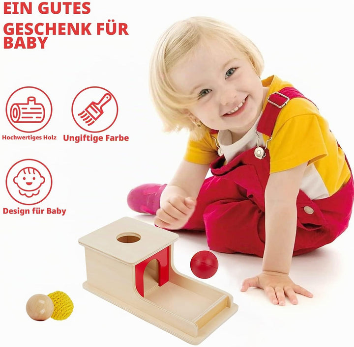 Adena Montessori Full Size Object Permanence Box mit Tablett DREI Bälle (Holz, Kunststoff, gestrickt