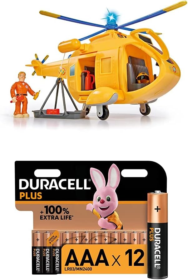 Simba 109251002 - Feuerwehrmann Sam Hubschrauber Wallaby II, mit Tom Thomas Figur, mit Licht und Ori