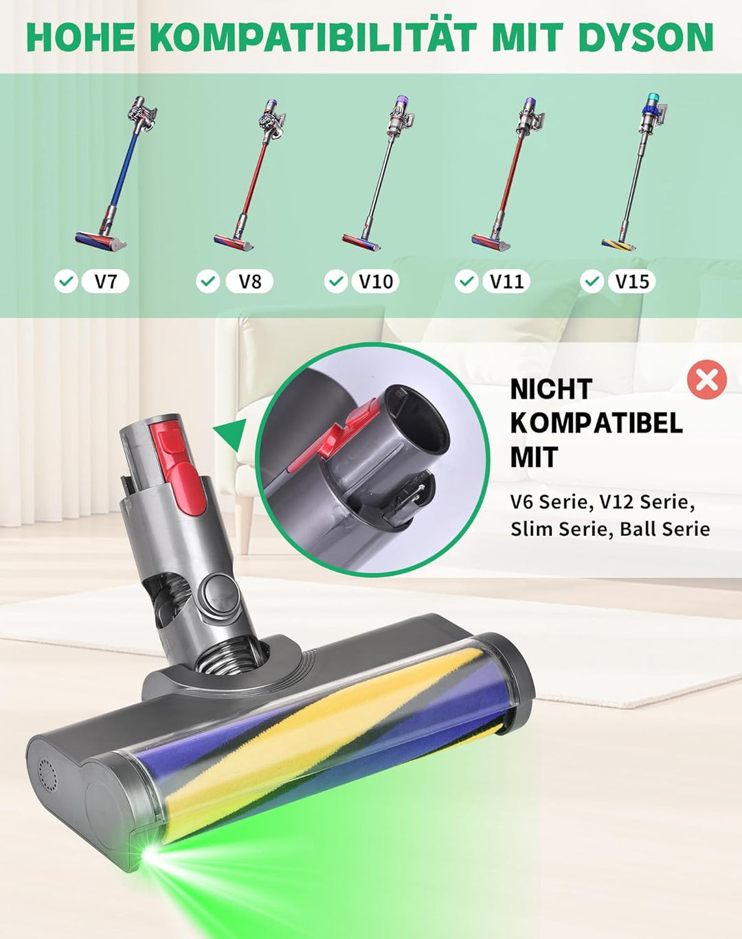 Bürste Kompatibel Mit Dyson V7 V8 V10 V11 V15 Staubsaugerbürstenkopf, Ausgestattet Mit Grünem Laserl