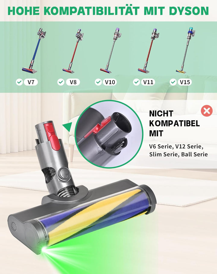 Bürste Kompatibel Mit Dyson V7 V8 V10 V11 V15 Staubsaugerbürstenkopf, Ausgestattet Mit Grünem Laserl