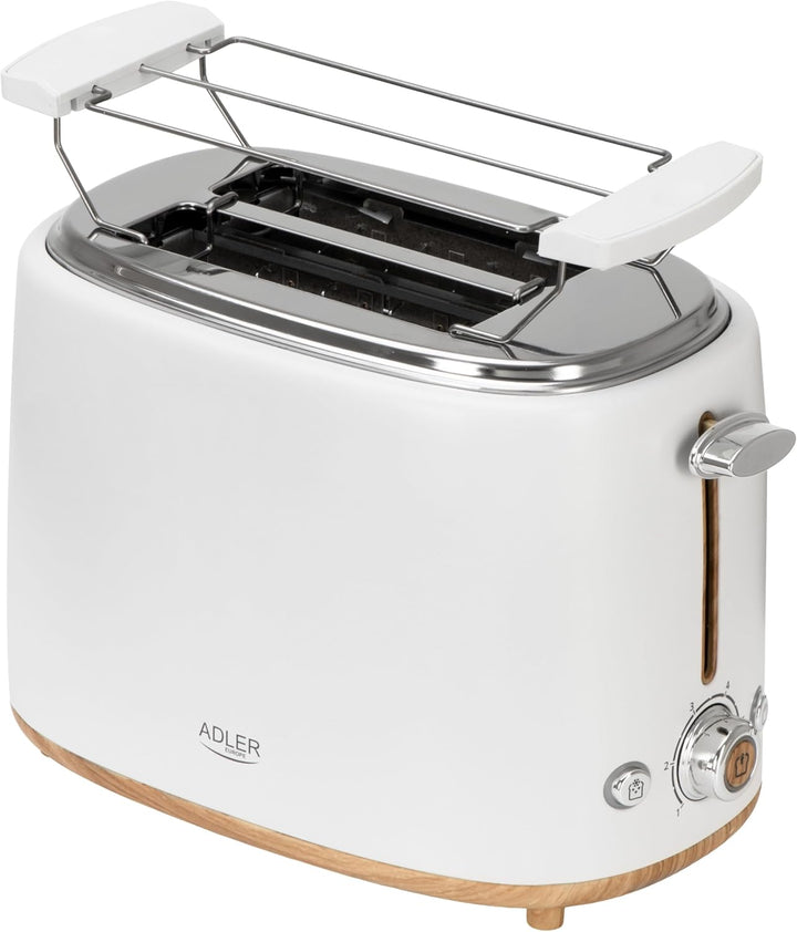 Adler Toaster Weiss für 2 Scheiben – Perfekt knuspriger Toast dank 6 Stufen & Brötchenaufsatz | Mit