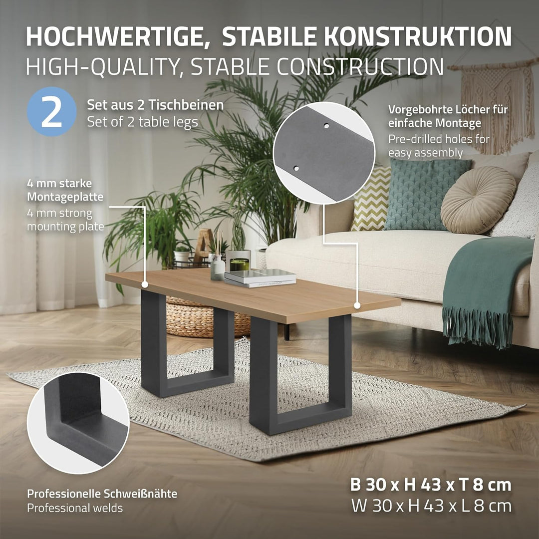 ECD Germany 2X Tischbeine aus Vierkantprofilen, 30 x 43 cm, Anthrazit, pulverbeschichtete Stahl, Ind