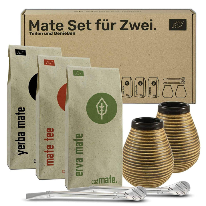 Mate Tee Set für Zwei Bio ● 2 Matebecher + 2 Bombillas + 300g Matetee + Zubereitungsanleitung vintag