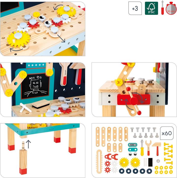 Janod - Brico'Kids Grosse Roboter-Werkbank - Bauspiel Kind - 51 Bauelemente + 3 Werkzeuge + 1 Robote