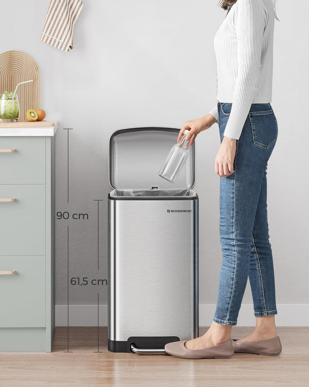 SONGMICS Mülleimer, 30 Liter Abfalleimer, Treteimer aus Stahl, mit Inneneimer und Deckel, Softclose,