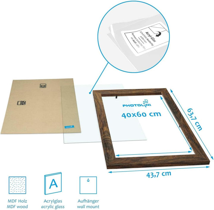 PHOTOLINI Bilderrahmen 40x60 Eiche dunkel Holz MDF, 3er Set breite 40x60 cm Bilderrahmen mit bruchsi