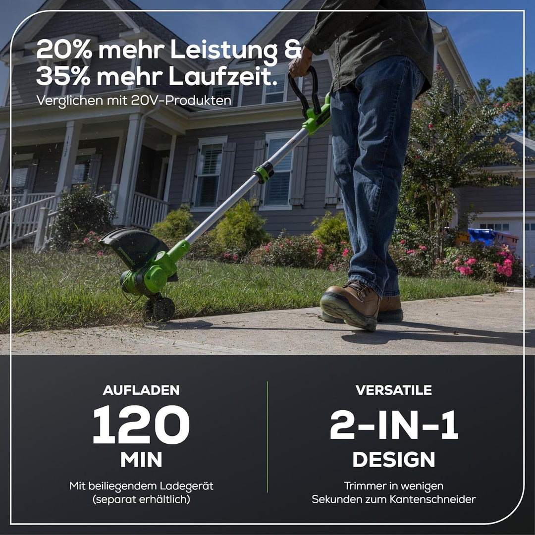 Greenworks GD24LT33K4 Akku Rasentrimmer & Kantenschneider mit Rad für mittelgrosse Gärten, 33cm Schn