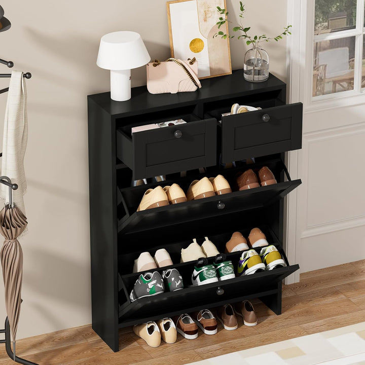 VOWNER Schuhschrank mit 2 Klappfächer, Schuhregal Schuhkipper Schmal, mit 4 Fächern, Verstellbar, An
