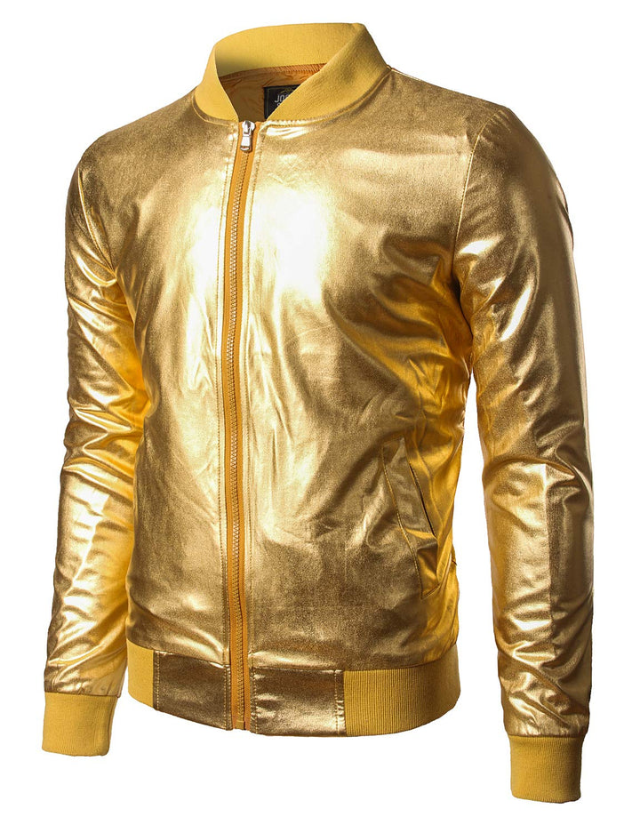 JOGAL Herren Metallic Nachtclub Reissverschluss Baseball Bomber Jacke XXL Gold, XXL Gold