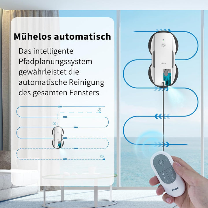 Fmart Fensterreiniger, fensterputzroboter mit Wasserstrahl, 3800pa Starke Saugkraft, mehrfacher Sich