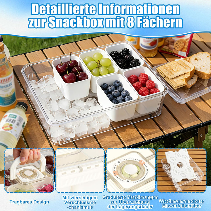 IEEILULU Snackbox mit 8 Fächern und Abtropfboden für Obst, Snacks, Saucen usw, Snackteller mit Fäche