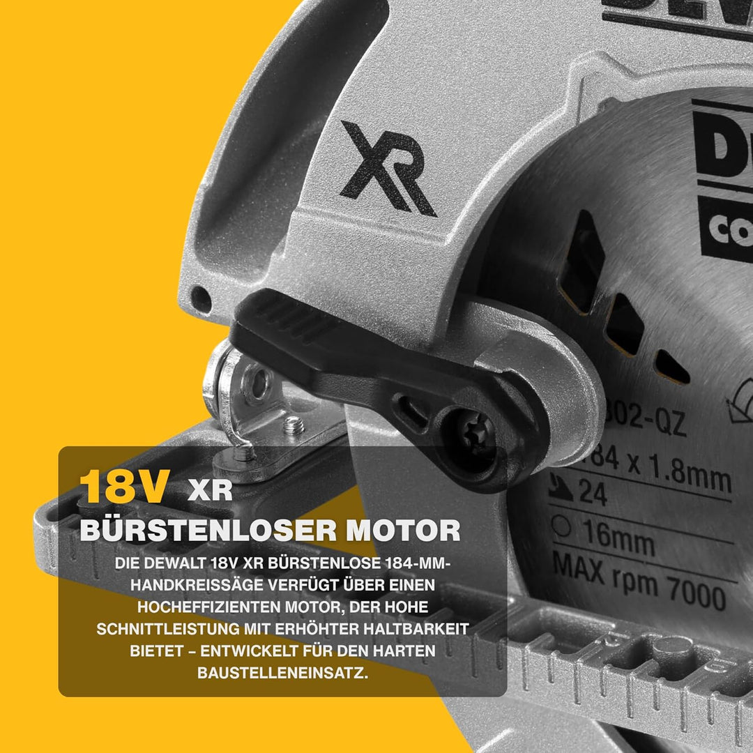 DEWALT 18V Akku-Handkreissäge DCS572NT (bürstenlos, 58 mm Schnitttiefe, mit Spindelarretierung, inte
