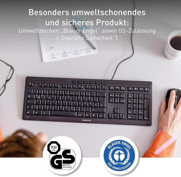 CHERRY STREAM KEYBOARD, Wired Keyboard, German Layout (QWERTZ), Whisper-Quiet Keystrokes, Unique Typ