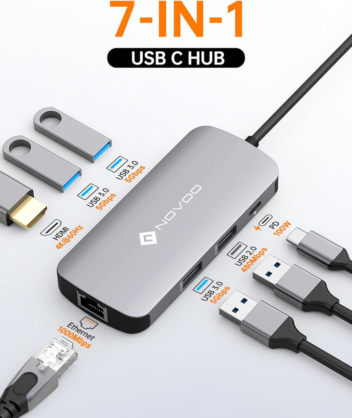 NOVOO Mulitport USB C Hub Adapter USB C auf USB x 4, 100 W PD Ladeanschluss, 4 K HDMI, RJ45 Ethernet