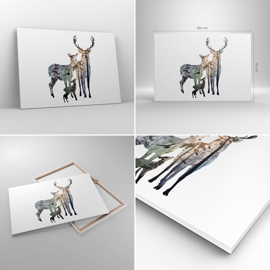 Bilder auf Leinwand 100x70cm Leinwandbild Deer Familie Wildheit Illustration Gross Wanddeko Bild Sch