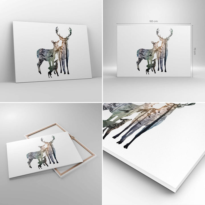 Bilder auf Leinwand 100x70cm Leinwandbild Deer Familie Wildheit Illustration Gross Wanddeko Bild Sch