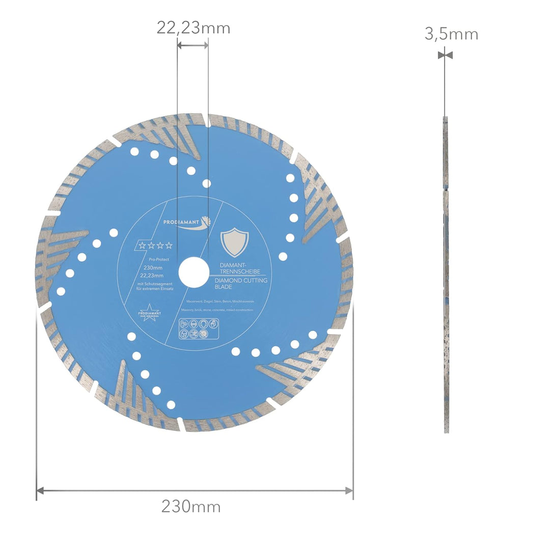 PRODIAMANT Diamant-Trennscheibe Pro Protect 230 mm x 22,2 mm mit Schutzsegmenten für Mauerwerk Beton