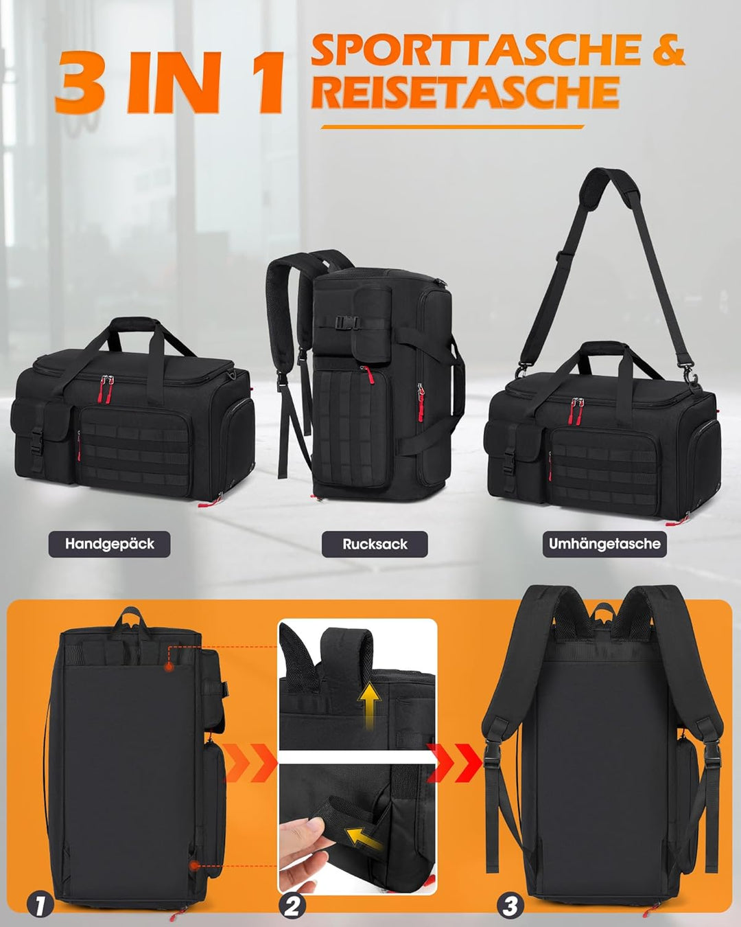 RAINSMORE 3 IN 1 Sporttasche Herren 45L Reisetasche Rucksackfunktion Handgepäck mit Schuhfach Latopf