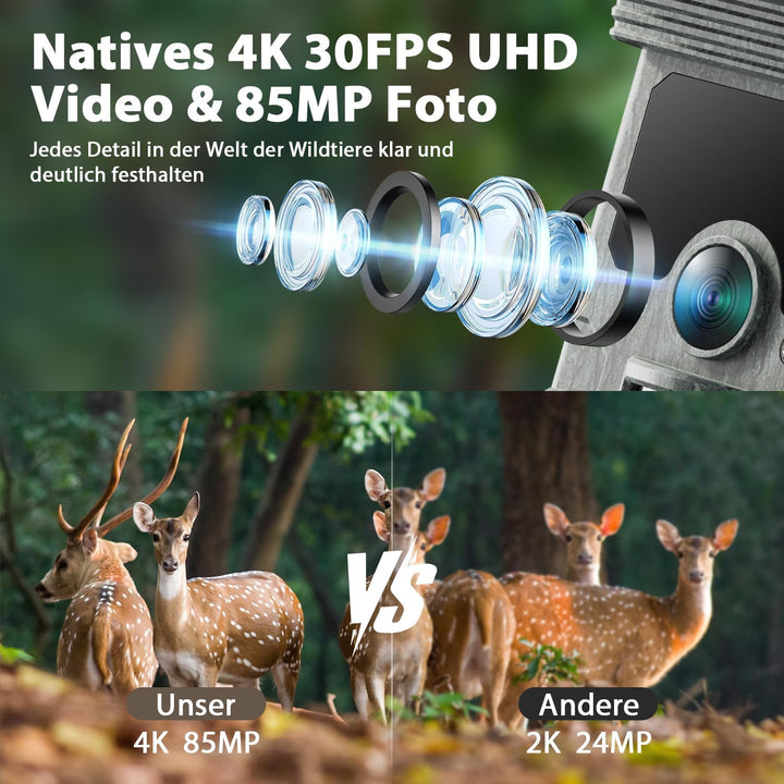 VOOPEAK Wildkamera Solar WLAN 4K 30fps 85MP, Wildkamera mit Handyübertragung APP, Wildtierkamera mit