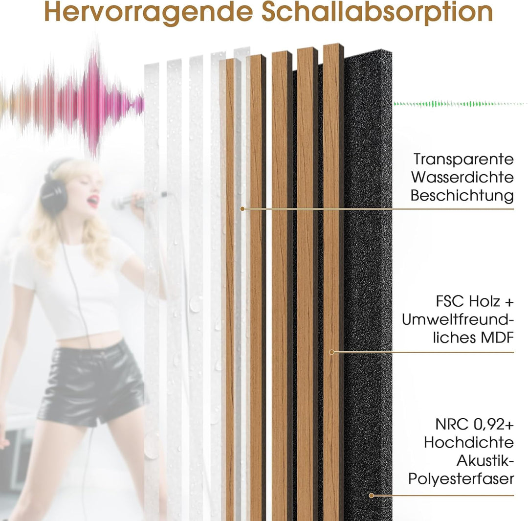 Akustikpaneele Holz, 4 Stück 120x60cm (2,88㎡), Wandpaneele Holzoptik, Hervorragende Schallabsorption