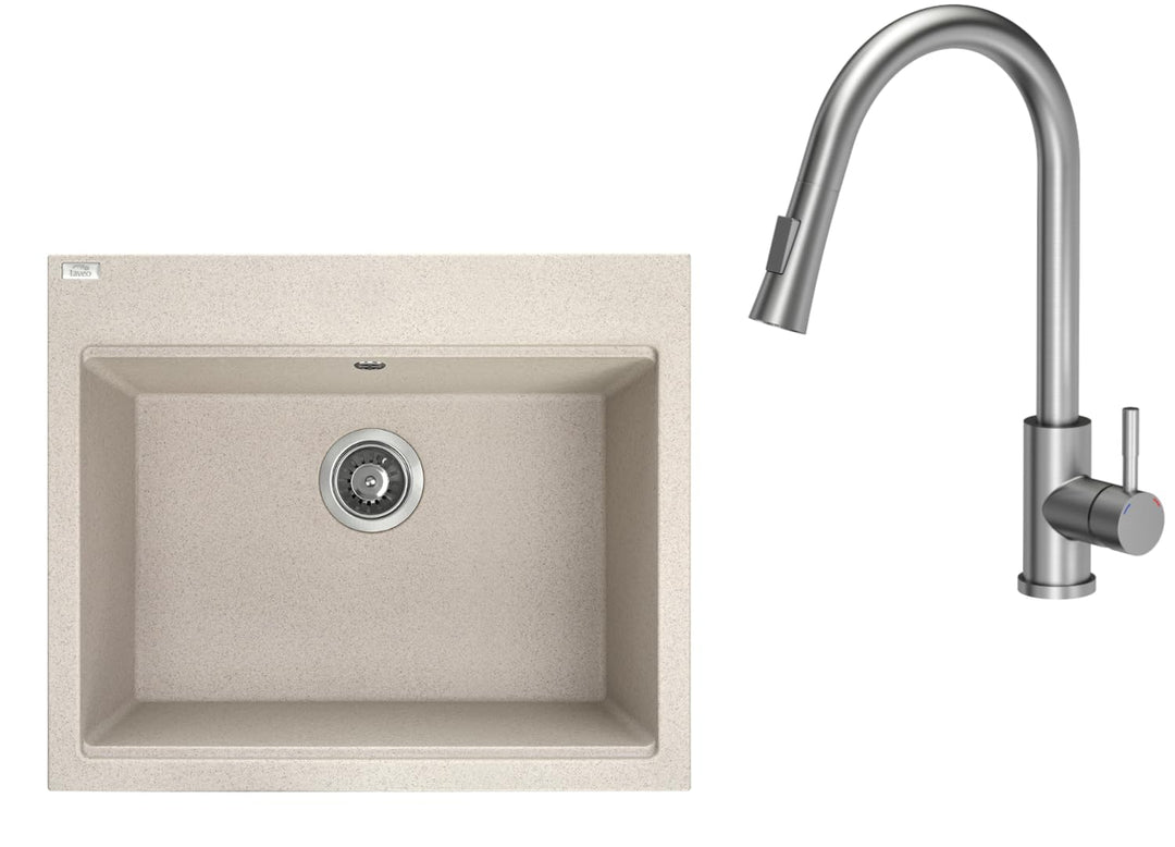 VBChome Spülbecken mit Armatur 60 x 50 cm Beige Einzelbecken Granit Rechteckig Einbauspüle Gesprenke