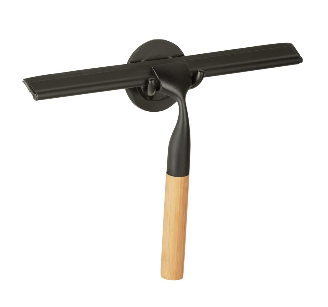 WENKO Turbo-Loc® Badezimmerwischer Bambusa aus Bambus und Edelstahl 24,3 x 17 x 3,5 cm Schwarz, 24,3