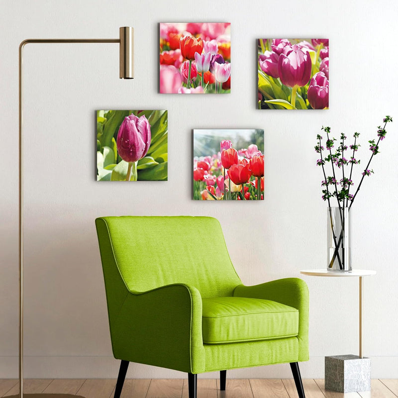 ARTLAND Leinwandbilder auf Holz Wandbild Bild Set 4 teilig je 40x40 cm Quadratisch Natur Blumen Tulp