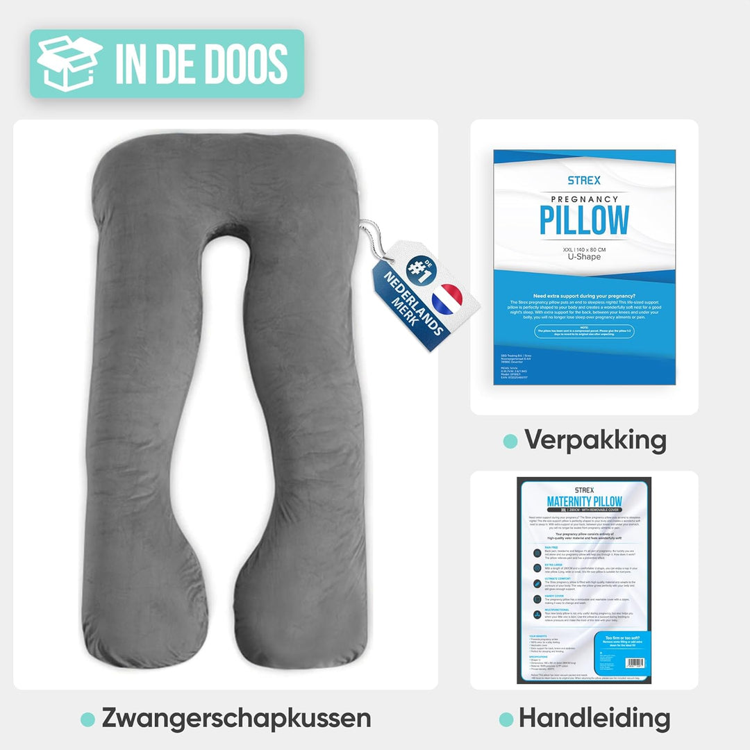 Strex Schwangerschaftskissen XXL - 280cm - Abnehmbarer Bezug - Seitenschläferkissen/Body Pillow/Körp