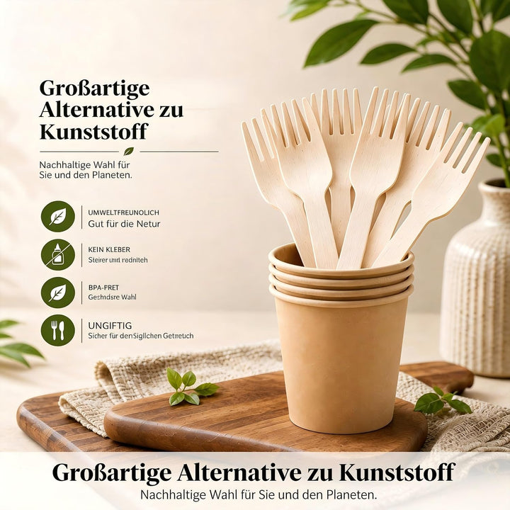 500 Holz Gabeln (Wooden Forks) Einwegbesteck Satz - Alternative zu Plastik Gabeln, Umweltfreundlich,