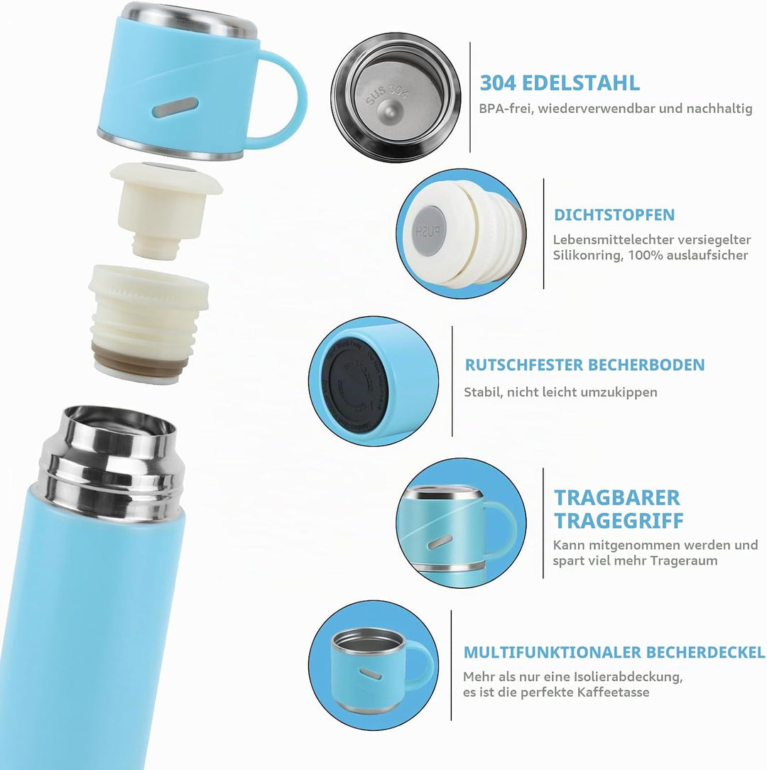 Trinkflasche Edelstahl, Auslaufsicher Thermoskanne, Isolierte Wasserflasche BPA-Frei, Thermosflasche