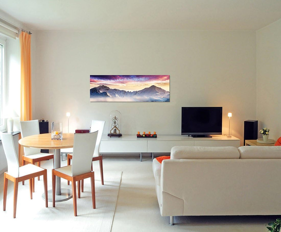 Paul Sinus Art Panoramabild auf Leinwand und Keilrahmen 120x40cm Berge Wald Schnee Nebel Abendrot